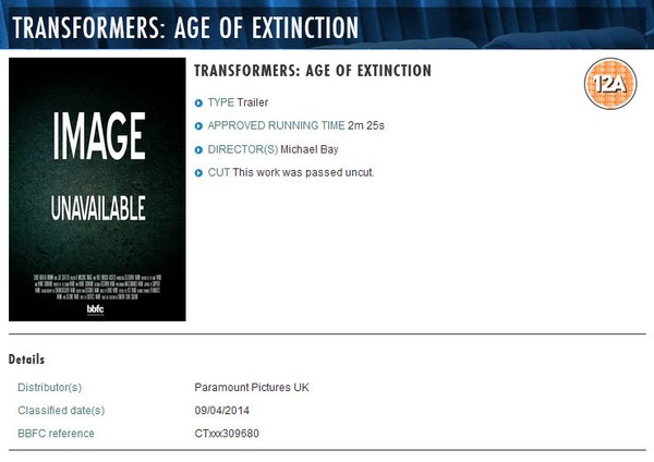 New Trailer Transformers 4 Age Of Extinction Listed By British Board Of Film (1 of 1)